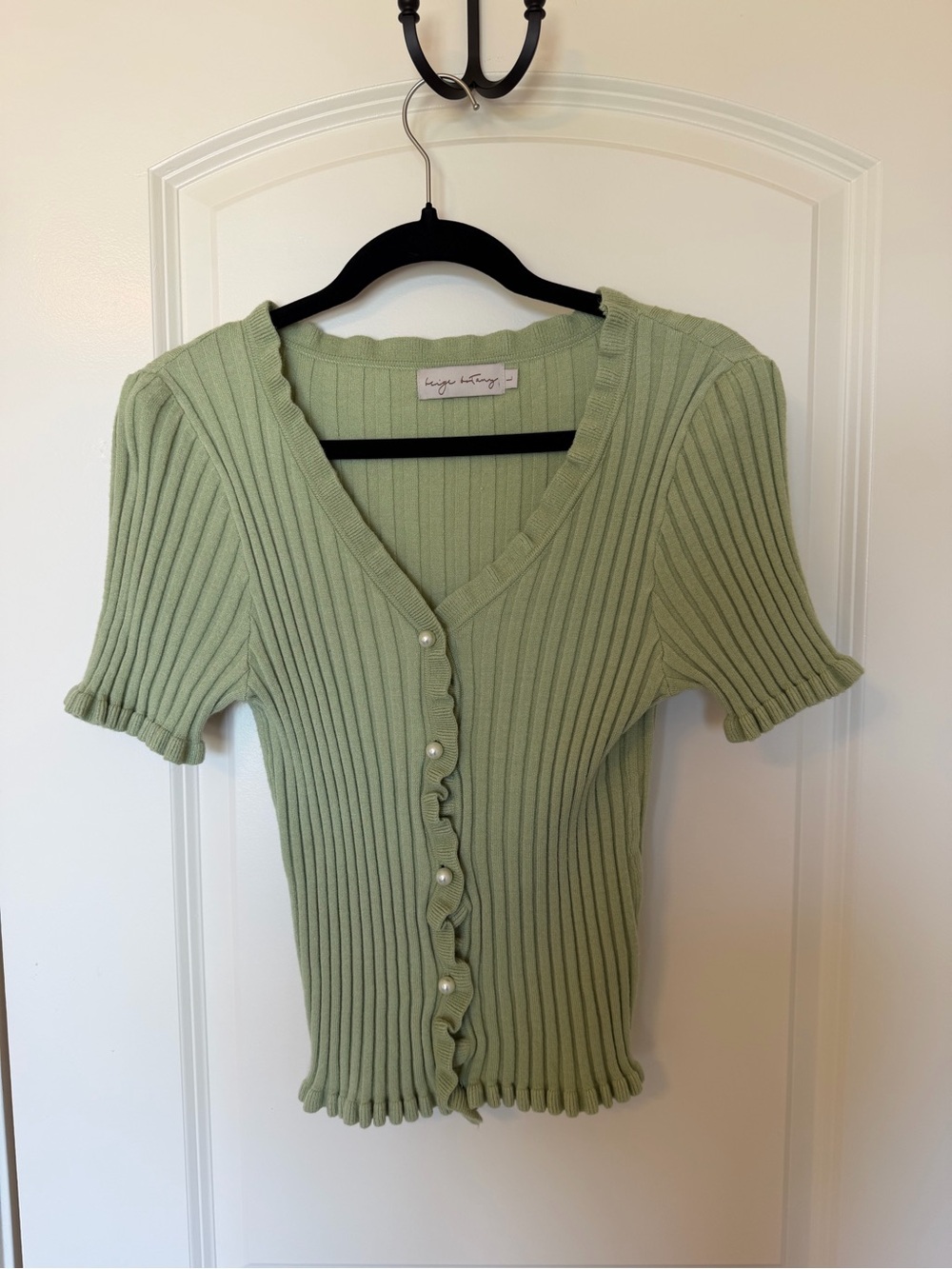 Sage Green Ribbed Pearl-Button Short-Sleeve Cardigan